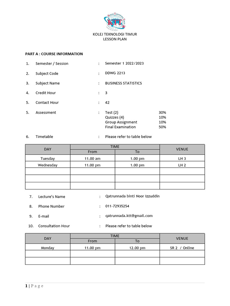 Business Statistics Lesson Plan 2022 | PDF | Statistical Analysis ...