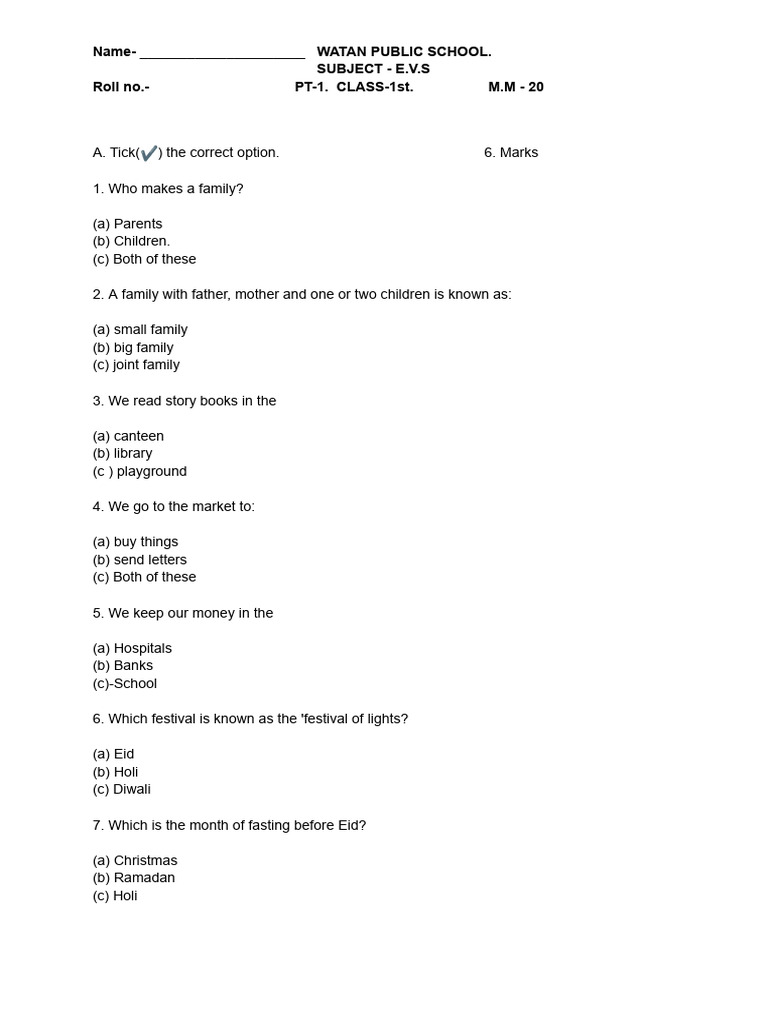 Class 1 EVS Assessment Questions | PDF | Chess | Chess Theory