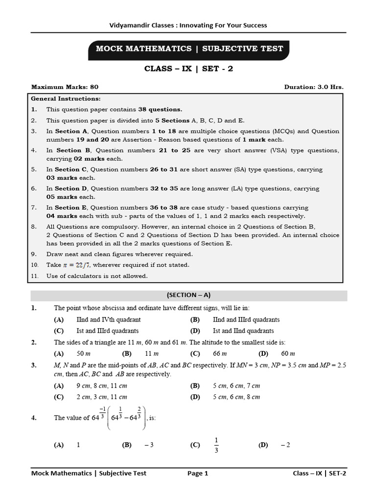 Mock Mathematics - Subjective Test: Class - Ix - Set - 2 | PDF ...