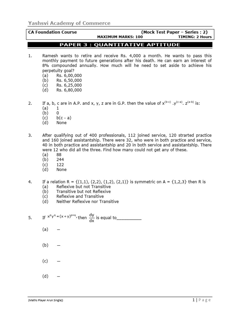 CA Foundation Mock Test: Quantitative Aptitude | PDF | Mean | Normal ...