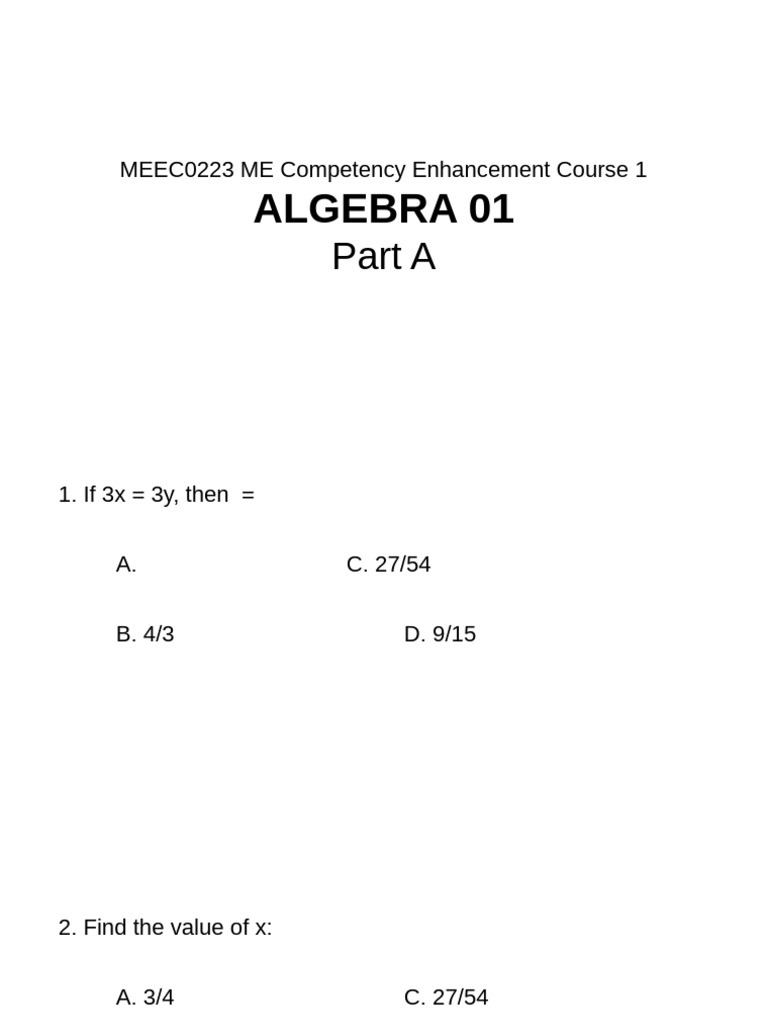 Algebra 01 Part A | PDF