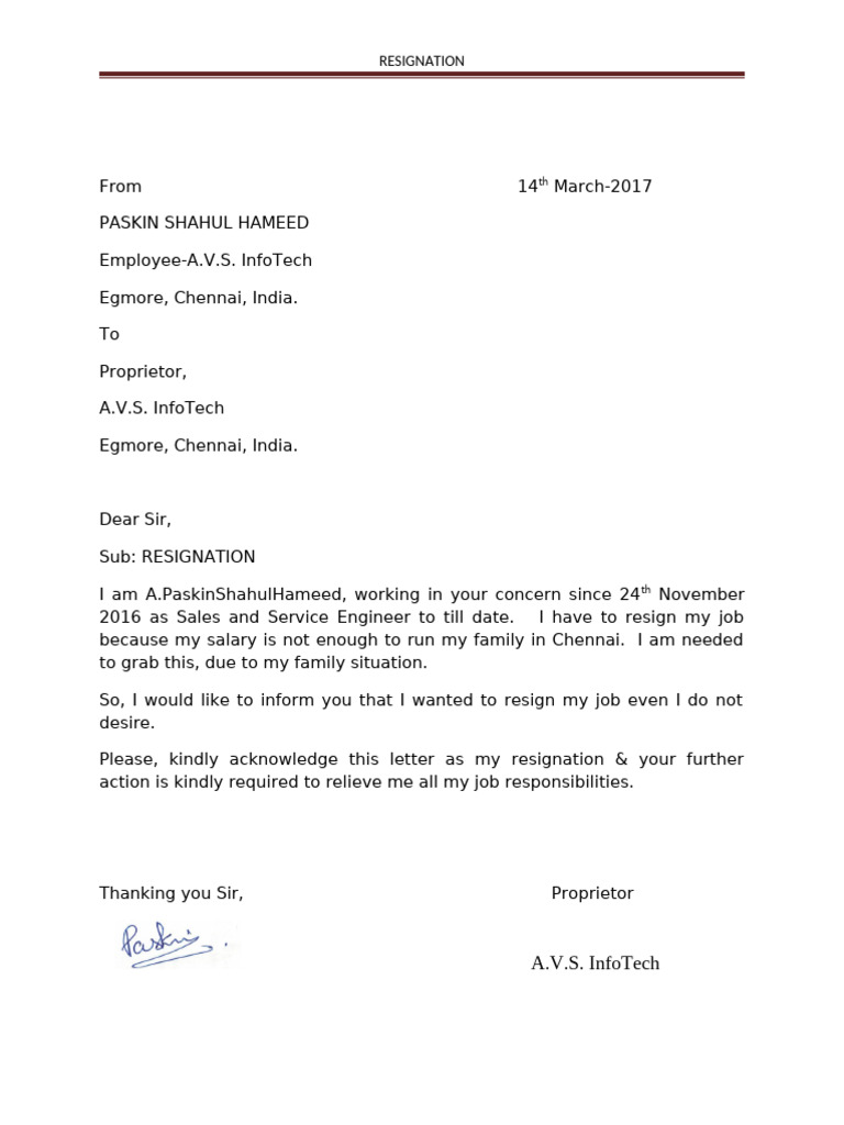 Resignation Letter from A.Paskin Hameed | PDF