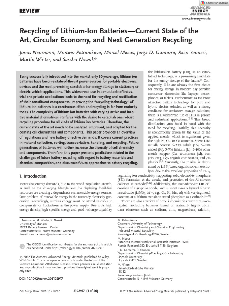 Advanced Energy Materials - 2022 - Neumann - Recycling of Lithium Ion ...