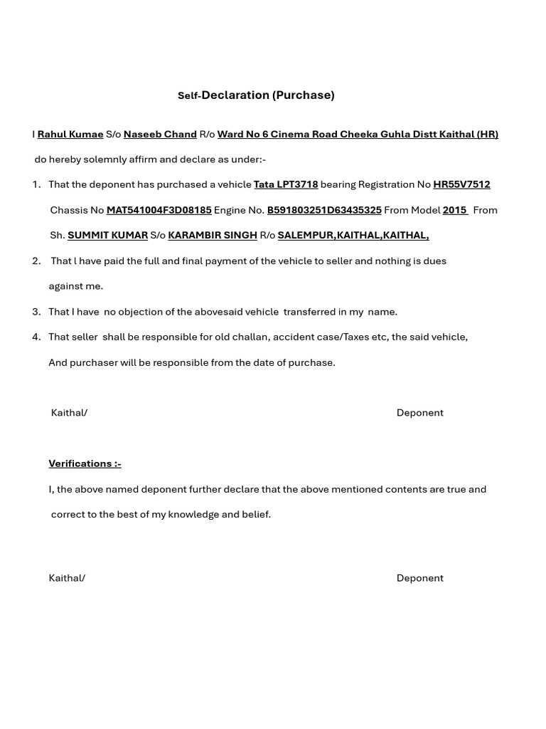 Vehicle Ownership Self-Declaration Form | PDF