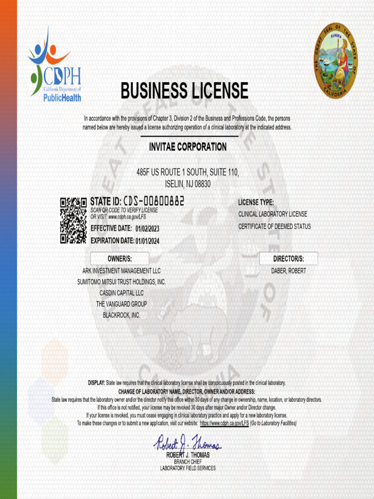 Invitae Corporation Clinical Lab License | PDF