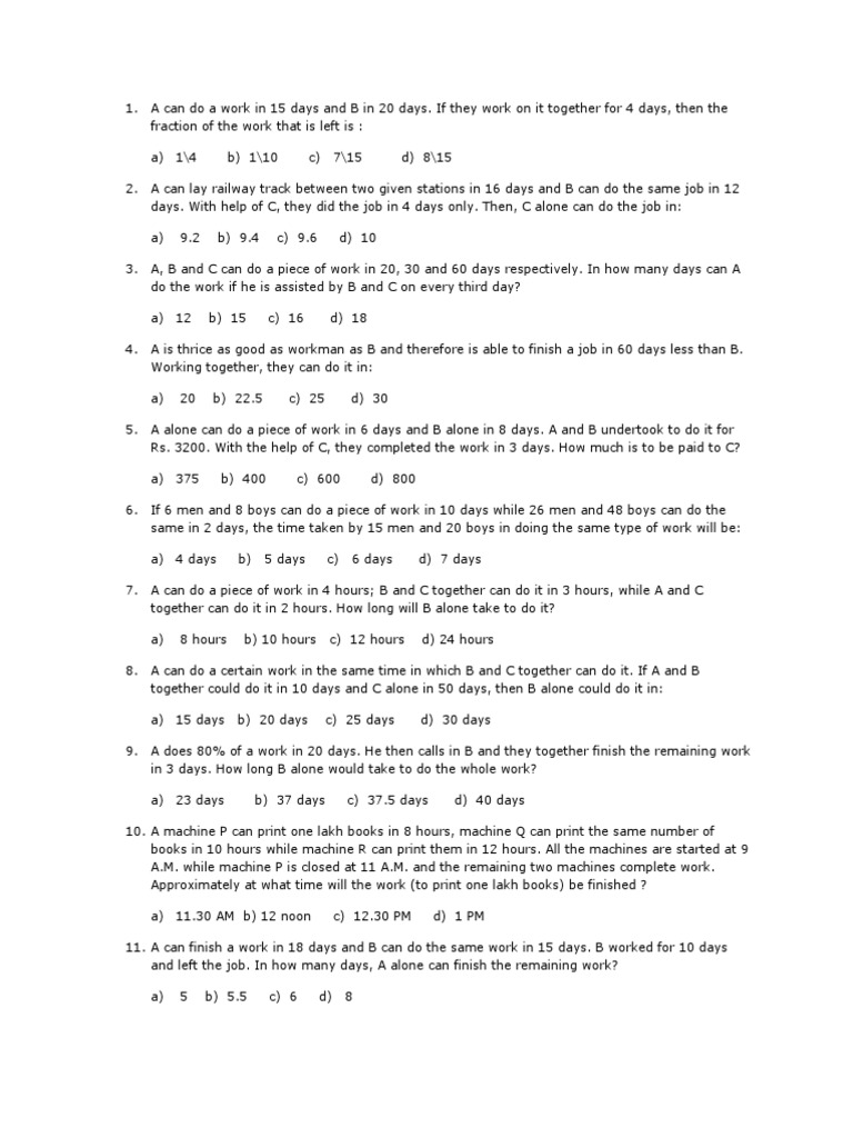 Work Completion Problems and Solutions | PDF | Teaching Methods & Materials