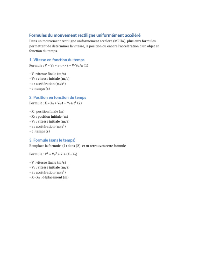 Formules du mouvement rectiligne uniformément accéléré | PDF