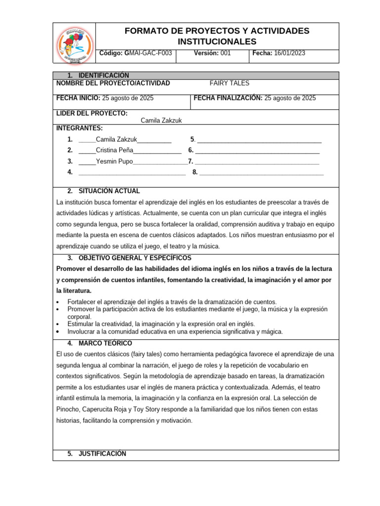Gmai-Gac-F003 Formato de Proyecto y Actividades Institucionales | PDF ...