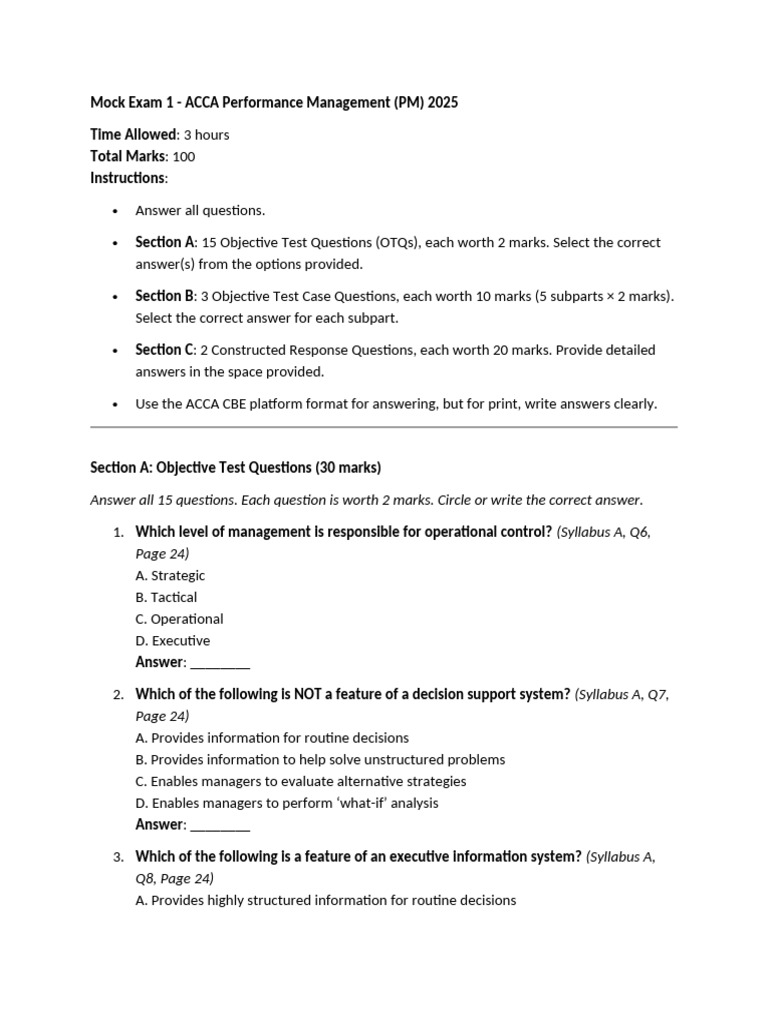 ACCA PM 2025 Mock Exam 1 Guide | PDF | Cost Accounting | Net Present Value