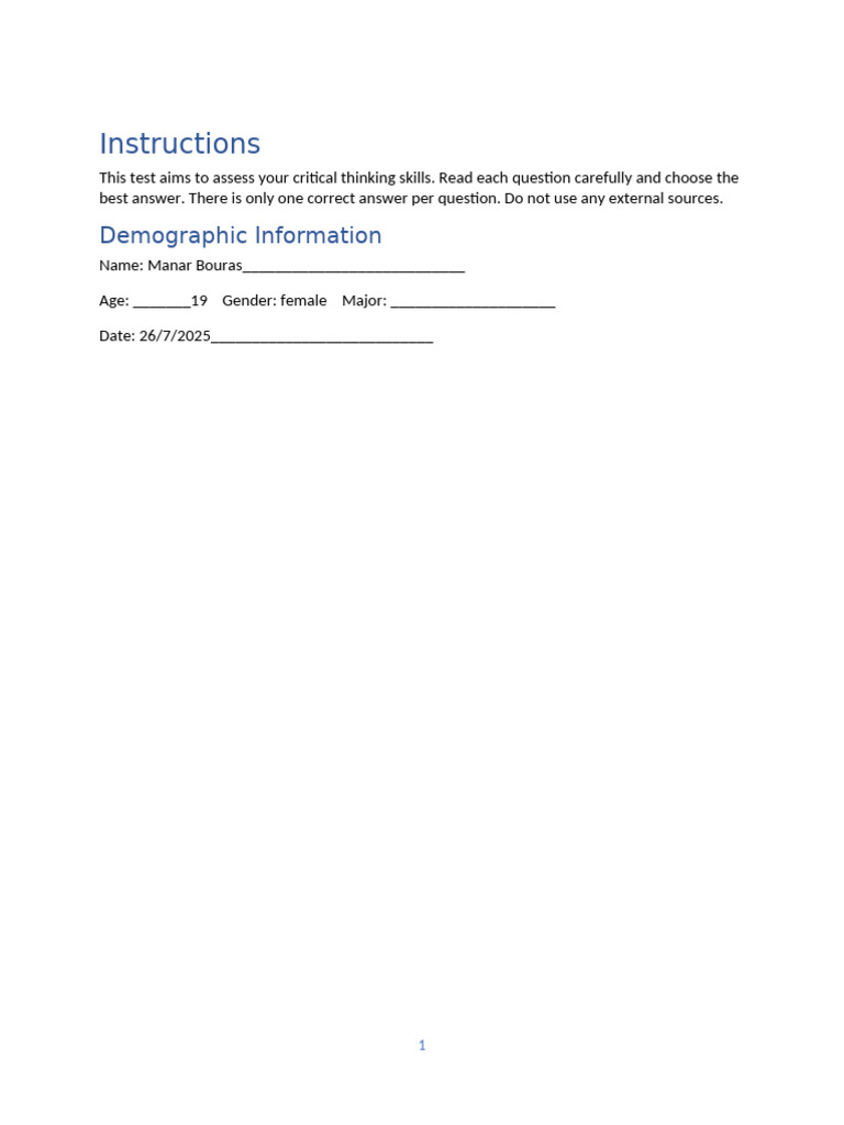 Critical Thinking Skills Test Instructions | PDF | Argument | Deductive ...