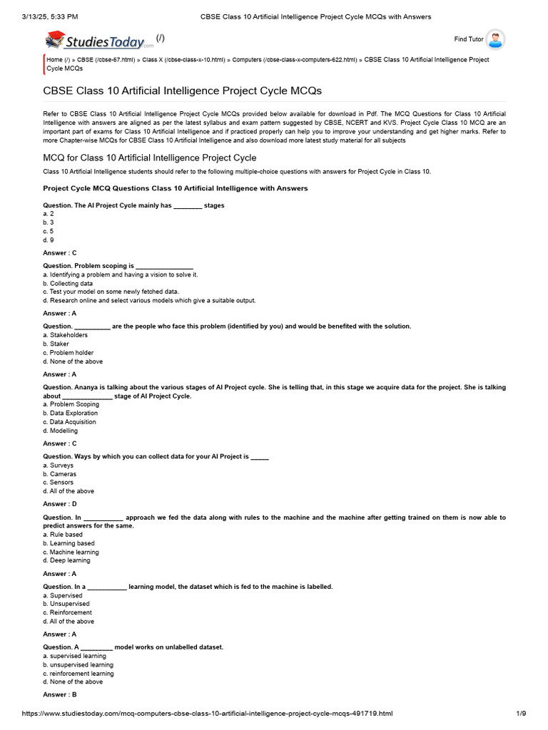 CBSE Class 10 Artificial Intelligence Project Cycle MCQs With Answers ...
