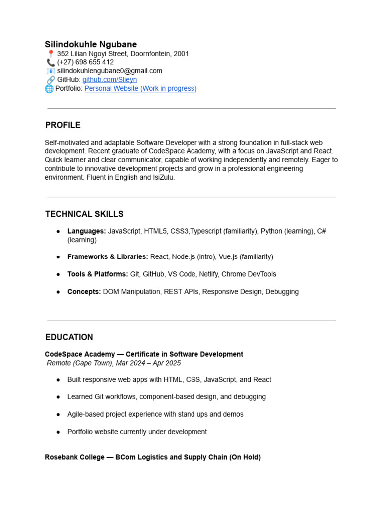 Software Developer Portfolio Summary | PDF | Websites | Java Script