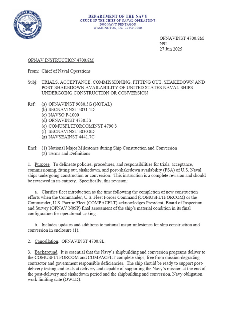 OPNAVINST 4700.8M Ship Trials Policy | PDF | United States Navy | Ships