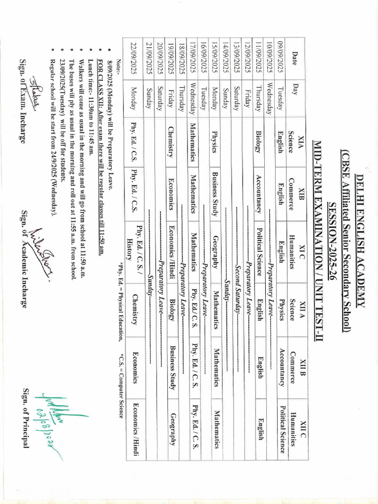 Dea Xi & Xii Mid Term & Ut2 Datesheet 2025-26 | PDF