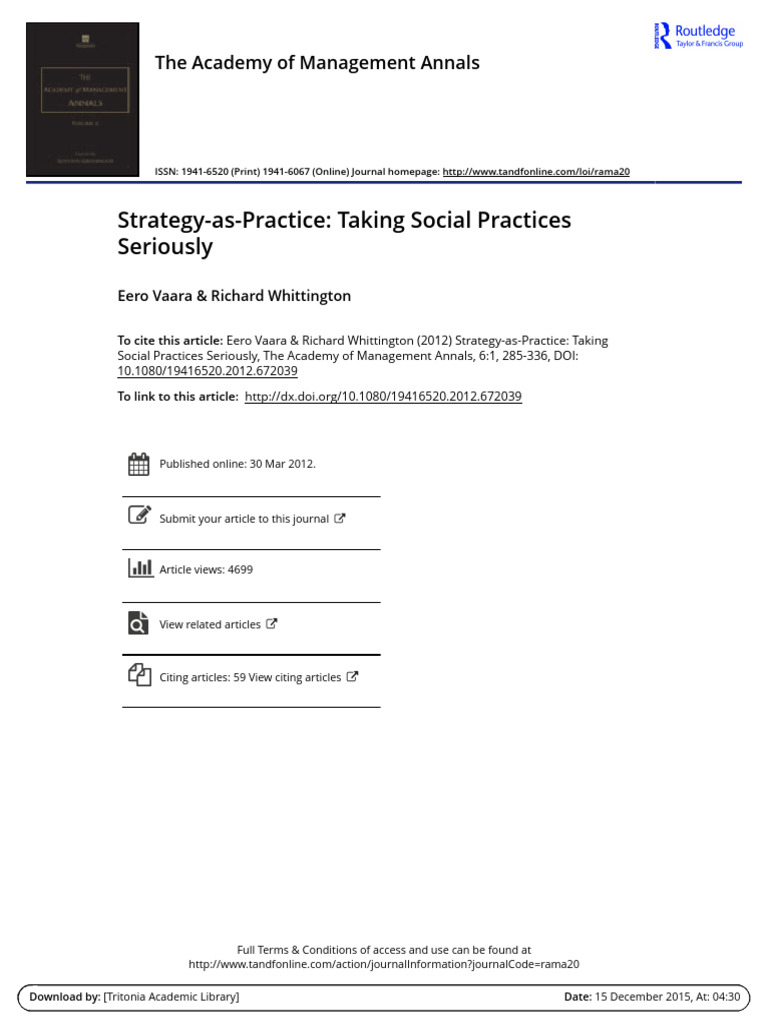 Vaara, Whittington - 2012 - Strategy-As-Practice Taking Social ...