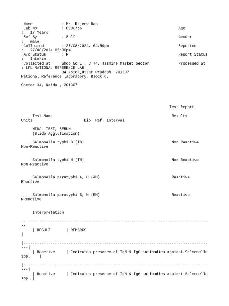Widal Test Report for Salmonella Infection | PDF | Immunology | Medical ...
