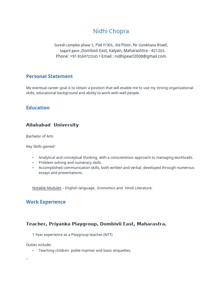 Nidhi CV | PDF