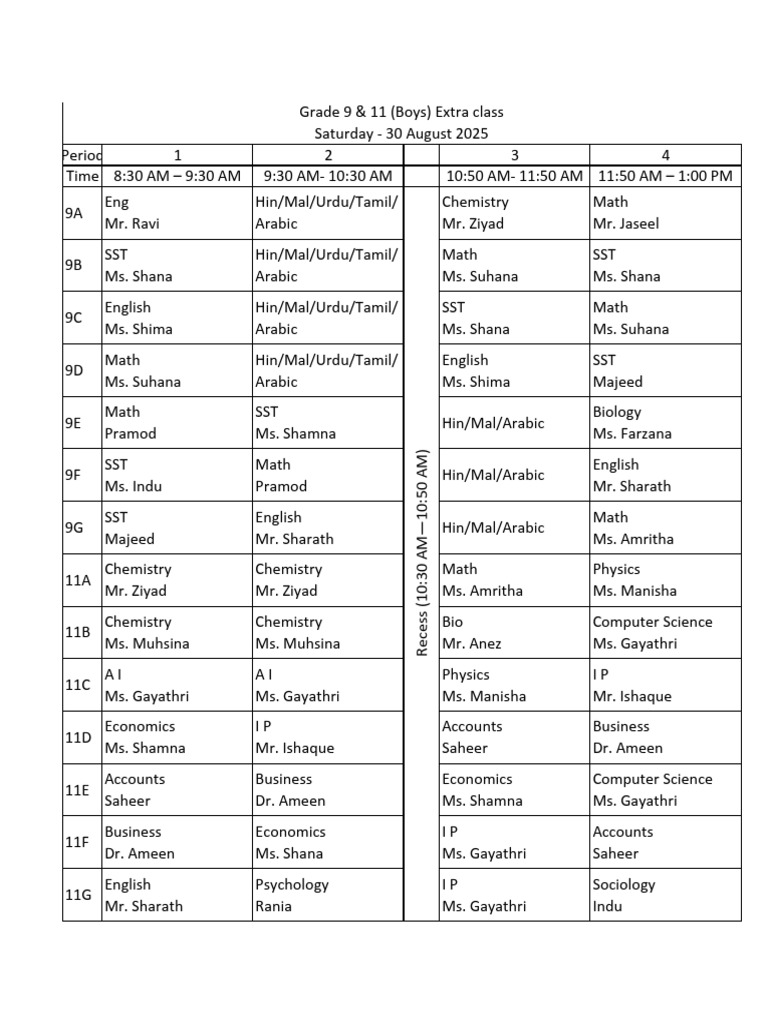 Grade 9 & 11 Class Schedule 2025 | PDF | Science