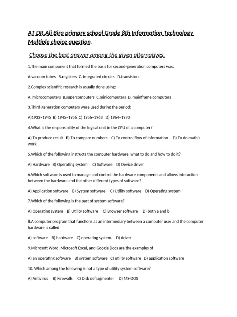 Grade 8 IT MCQs for Computer Basics | PDF