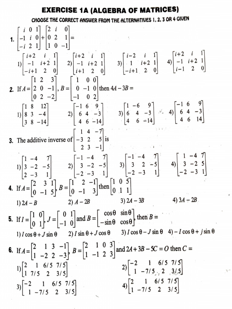 Matrix Algebra Exercise Questions | PDF | Algebra | Linear Algebra