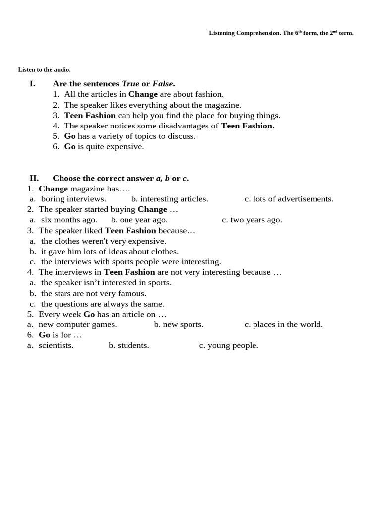 Listening Comprehension: 6th Form Quiz | PDF