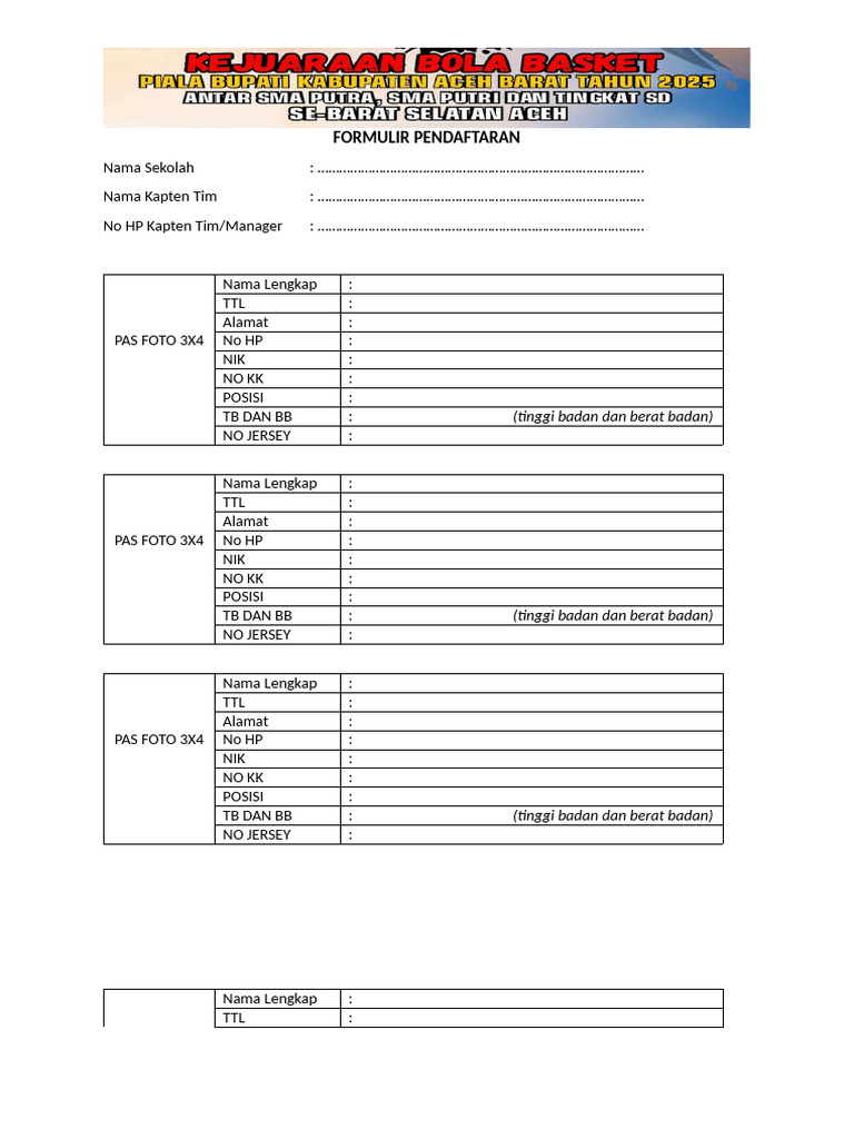 Formulir Pendaftaran Tim Olahraga | PDF