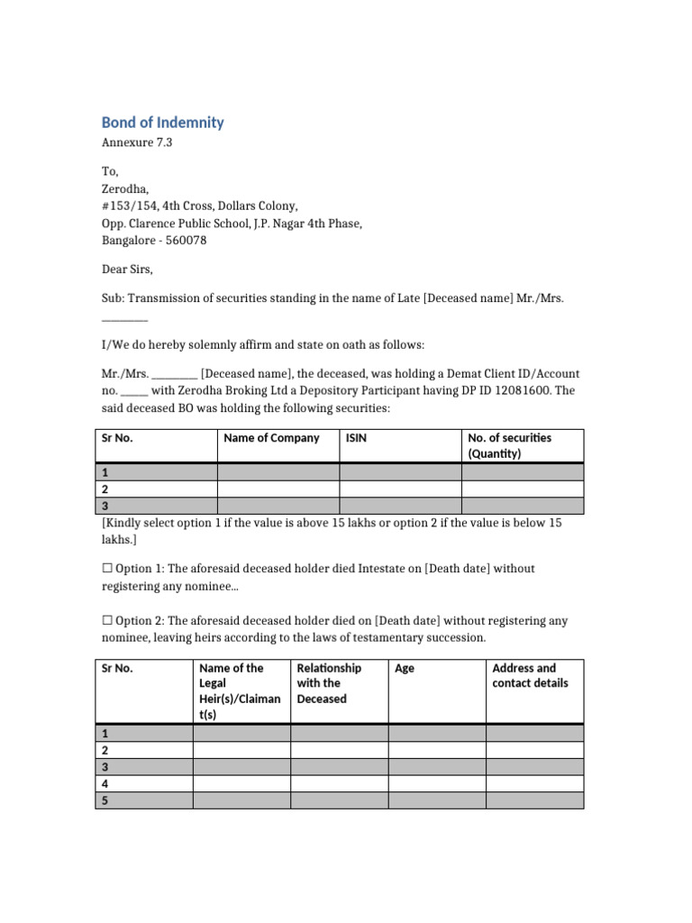 Bond of Indemnity Formatted | PDF