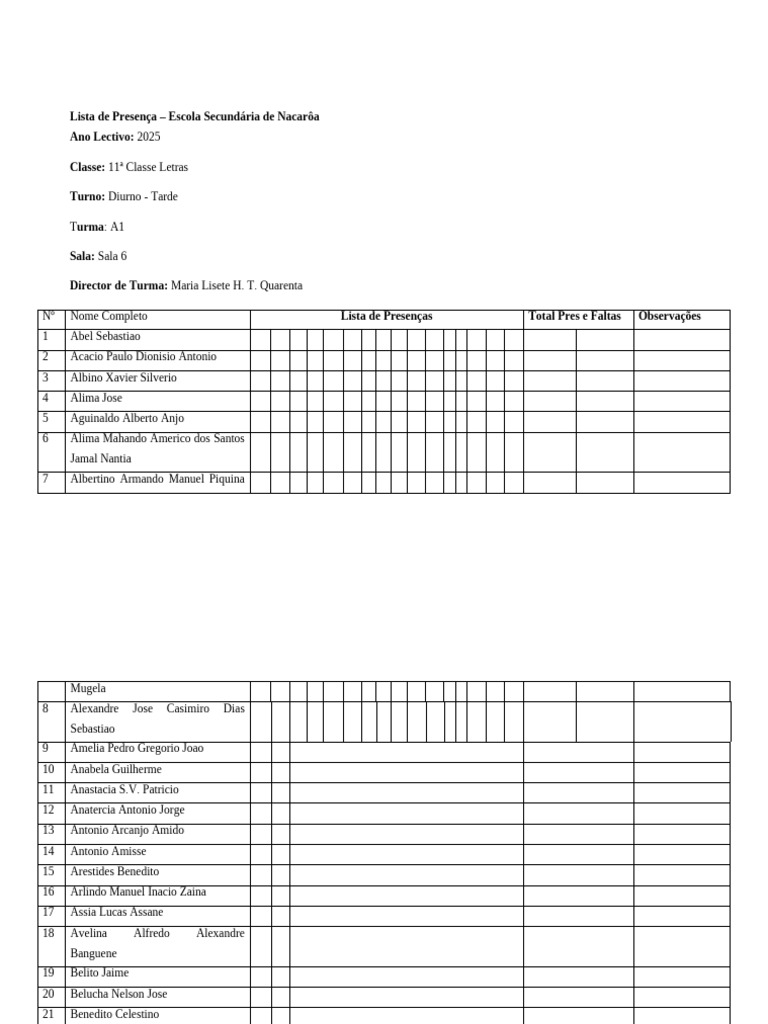 Lista de Presenca 11A1 Completa | PDF