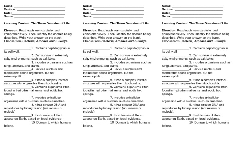 Identify the Three Life Domains | PDF | Organisms | Biology