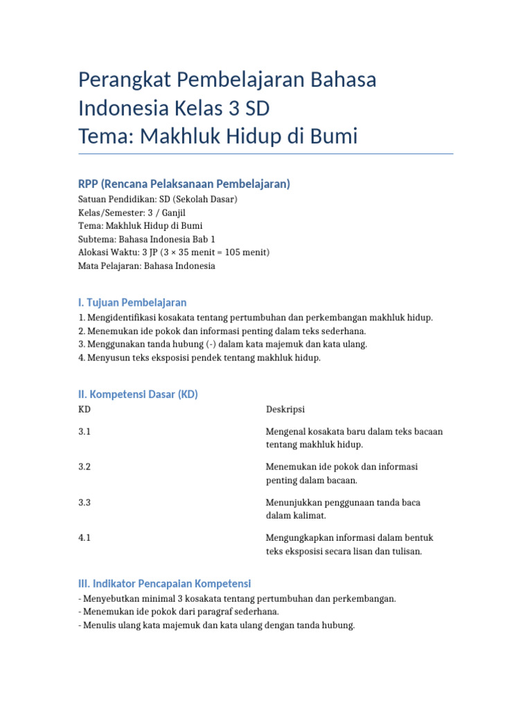 Perangkat Pembelajaran Bahasa Indonesia Kelas 3 SD | PDF