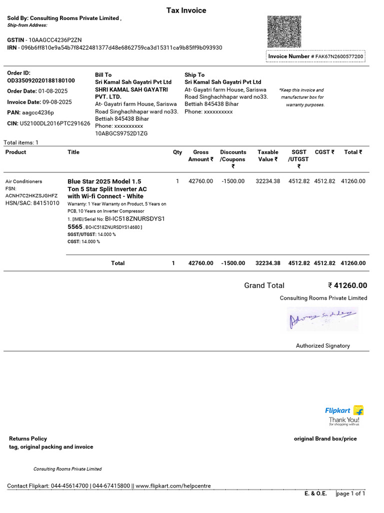 Invoice for Blue Star Inverter AC Purchase | PDF | Government Finances ...