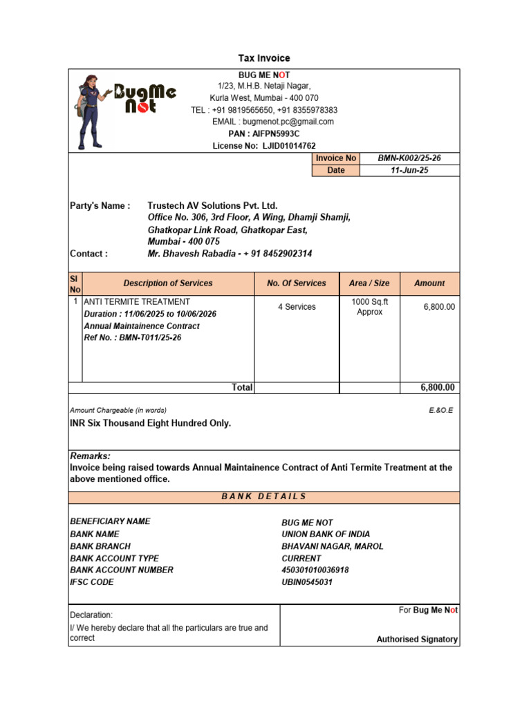 Trustech AV Solutions PVT LTD - Invoice No. BMN-K002 | PDF