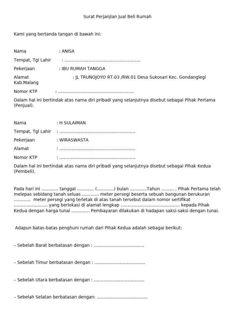 Surat Perjanjian Jual Beli Rumah | PDF