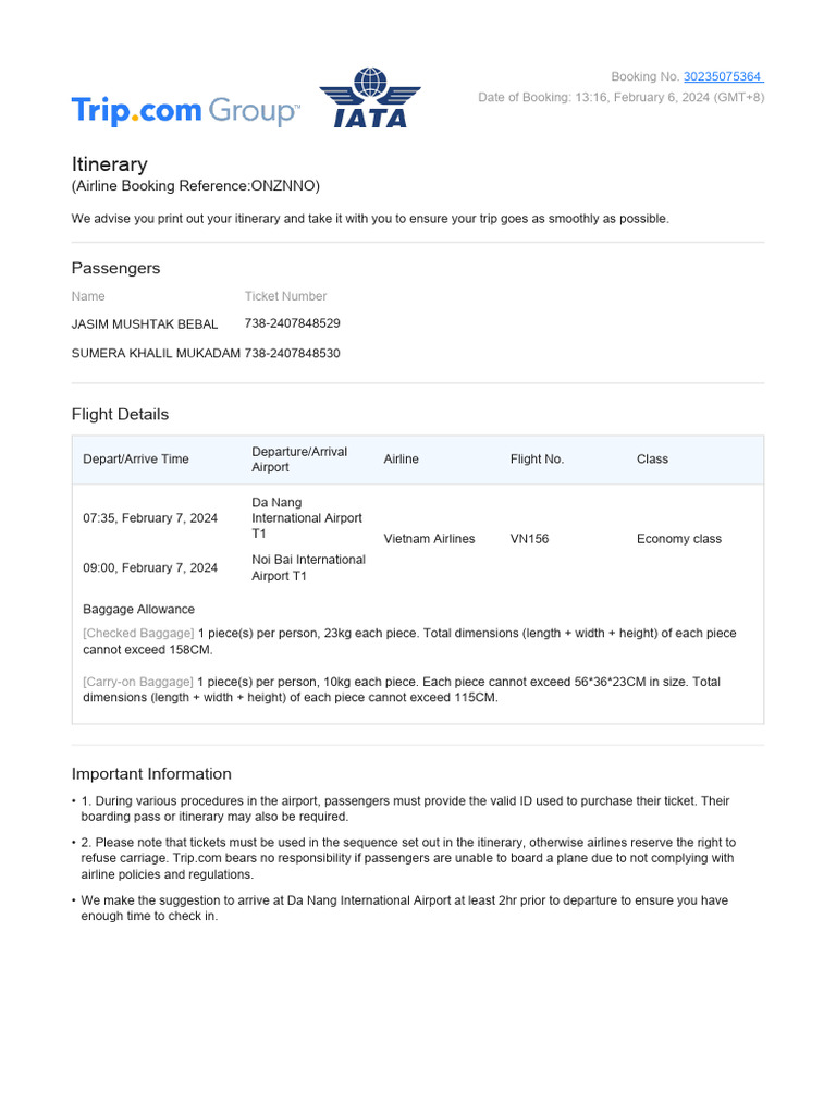 Vietnam Airlines Flight Itinerary Details | PDF