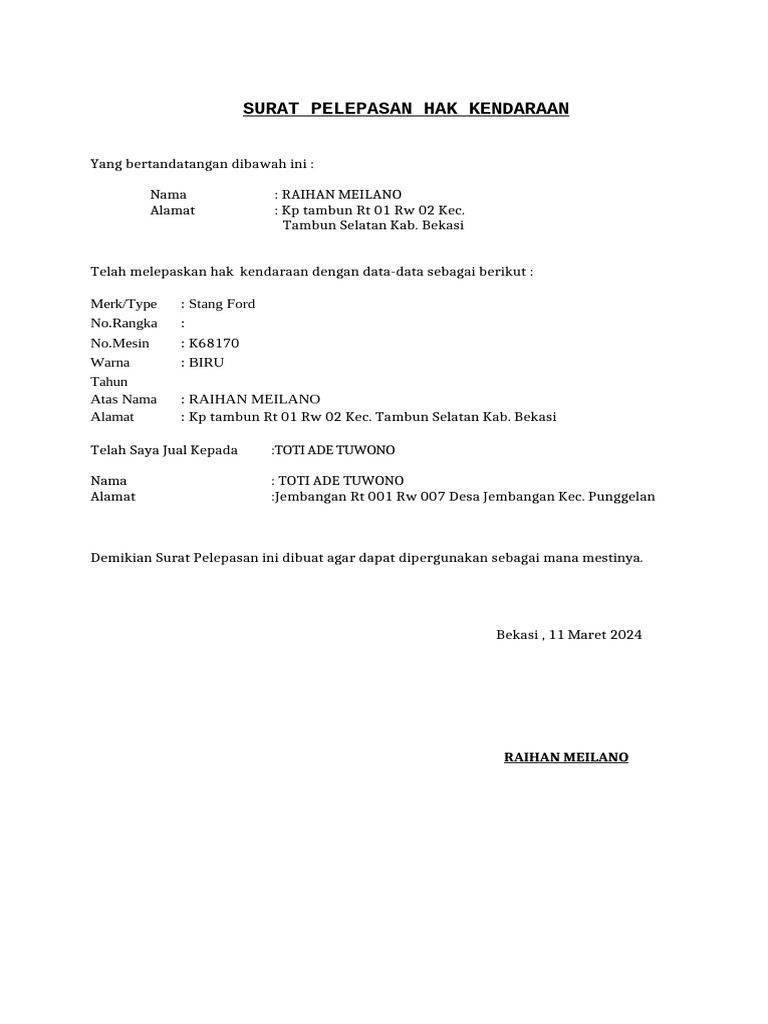Surat Pelepasan Hak Kendaraan GPHI | PDF