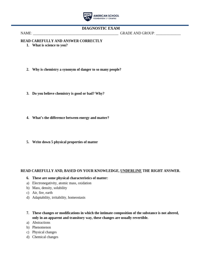Chemistry Diagnostic Exam Questions | PDF