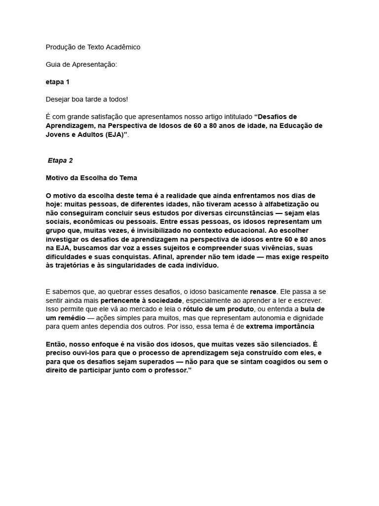 Desafios de Aprendizagem na EJA para Idosos | PDF