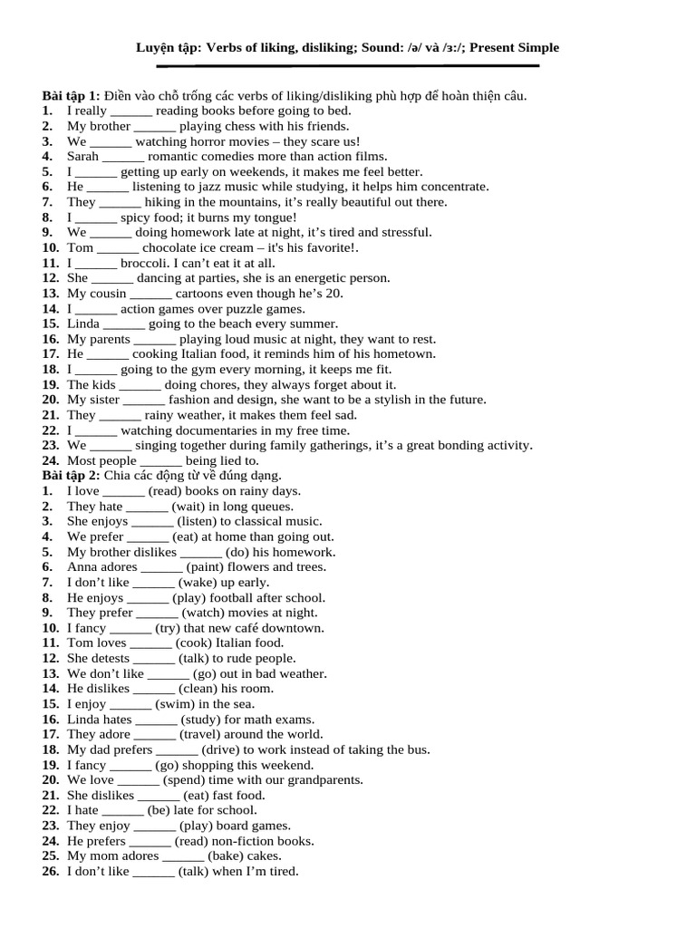 Verbs of Liking and Disliking Exercises | PDF | Stuffed Toys
