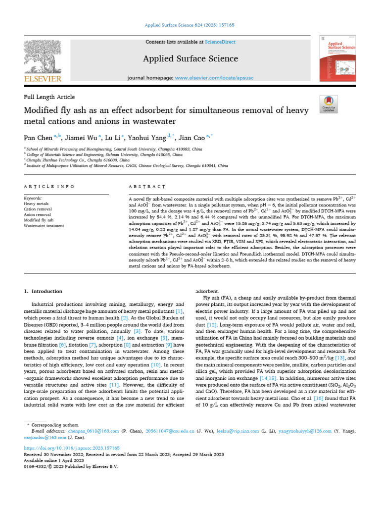 Modified Fly Ash for Heavy Metal Removal | PDF | Adsorption | Materials