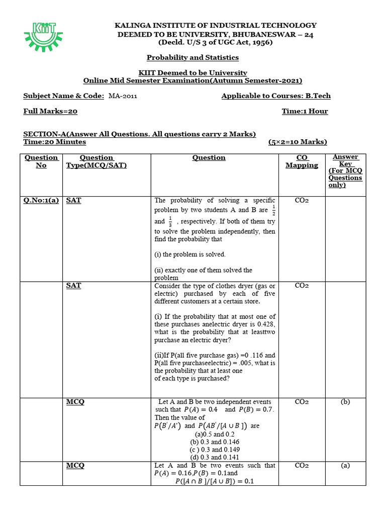 Ps Ma2011 4th Sem Mid Sem Question Paper 2021 Pdf Applied