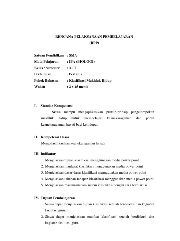 Rpp Klasifikasi Makhluk Hidup