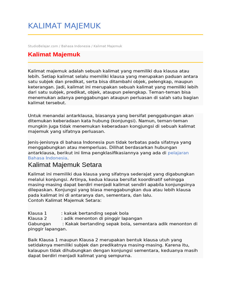 Jenis-jenis Kalimat Majemuk dalam Bahasa Indonesia | PDF