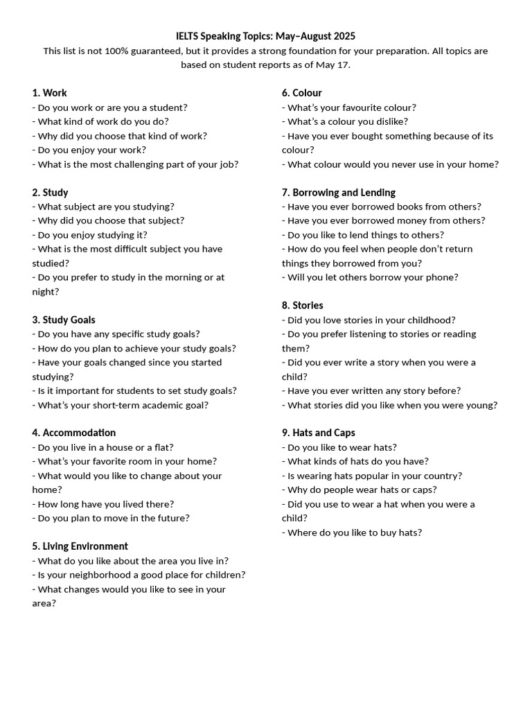 Speaking Topics May - Aug 2025 | PDF | Teachers | Fashion