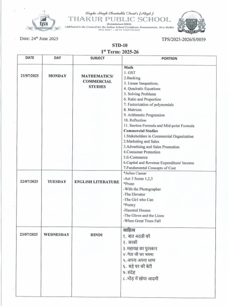 STD - X 1st Term Syllabus and Timetable | PDF