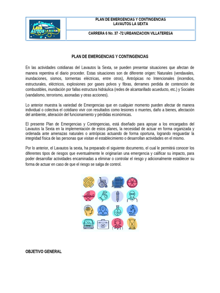 Plan de Emergencias Lavautos La Sexta | PDF | Riesgo | Seguridad y ...