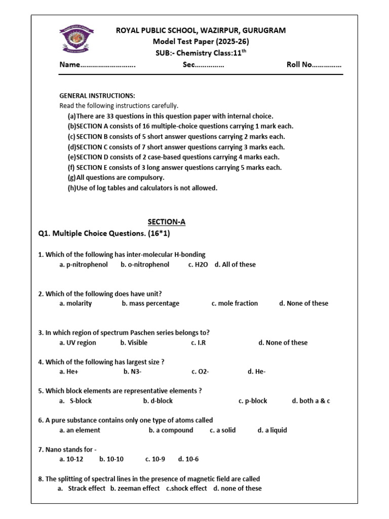 Model Test Paper | PDF | Atomic Orbital | Chemical Bond