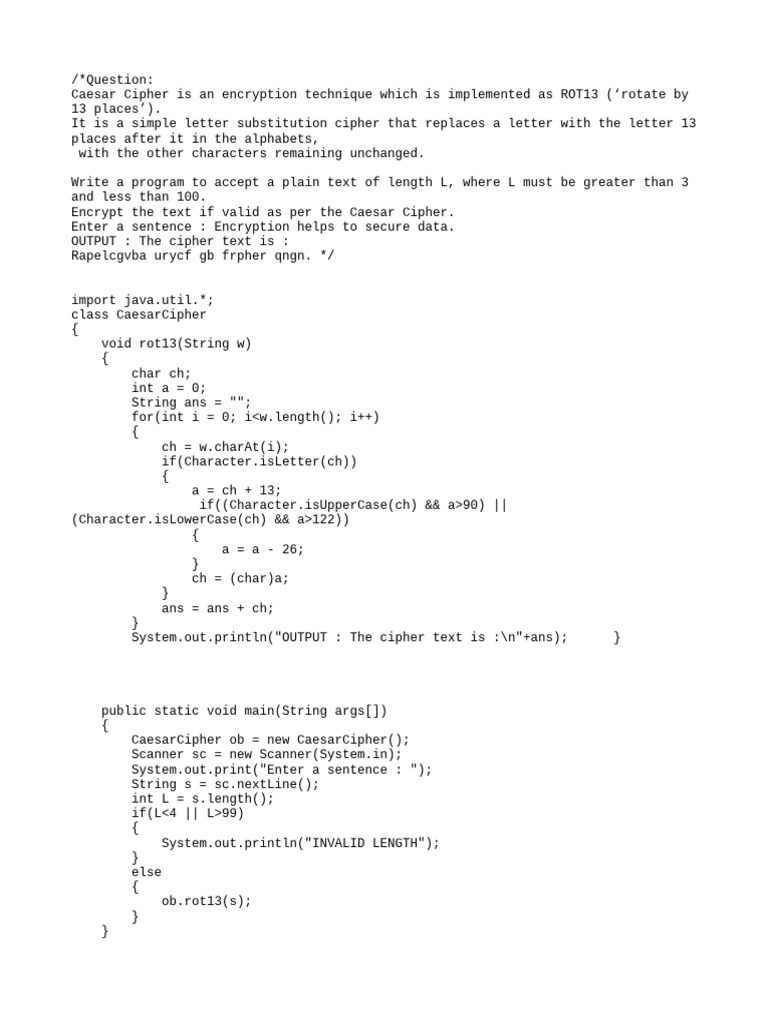 ROT13 Caesar Cipher Encryption Program | PDF