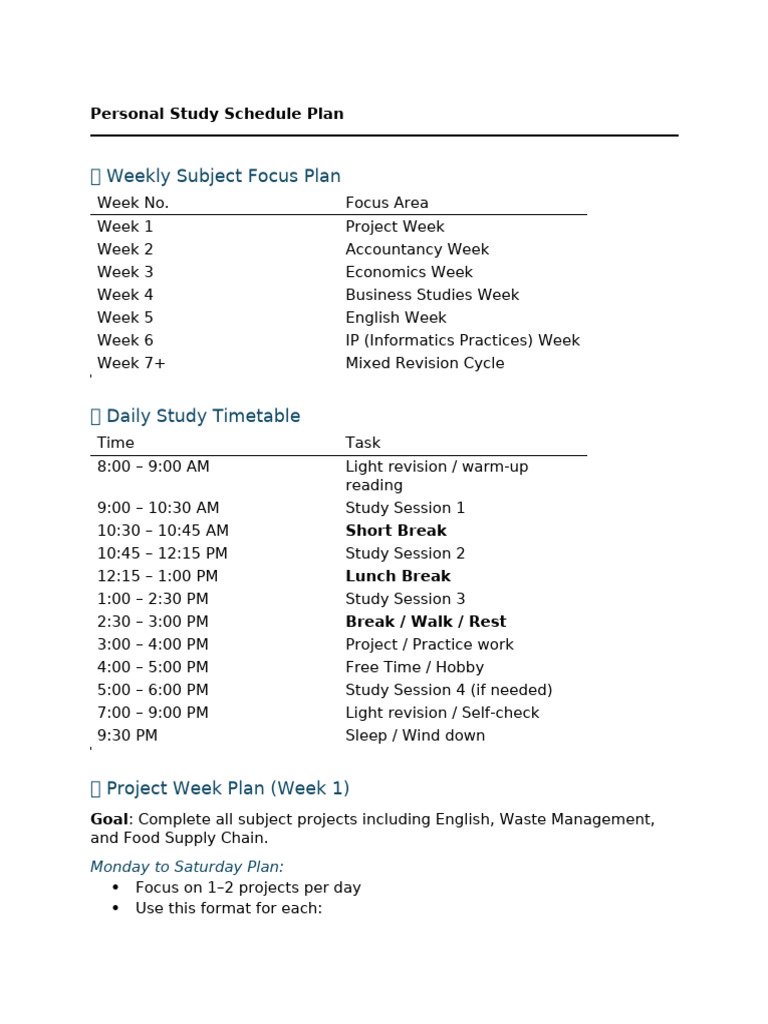 Personal Study Schedule & Weekly Plan | PDF