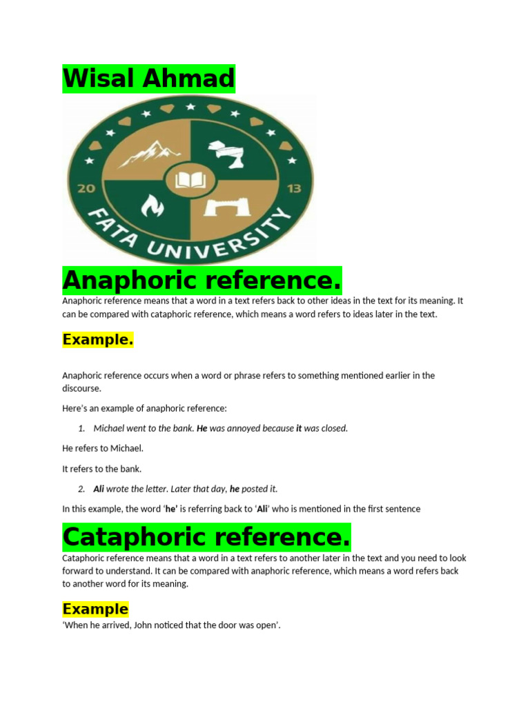 Understanding Anaphoric and Cataphoric References | PDF | Sentence ...
