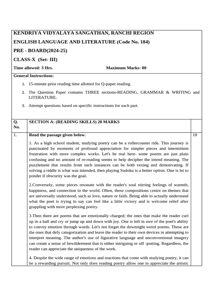 Class X English Pre-Board Exam 2024-25 | PDF